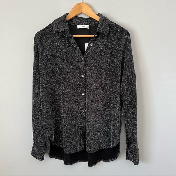 Mango Long Sleeve Collared Neckline Silver Glitter Button Down Shirt Size S NWT - Picture 3 of 16